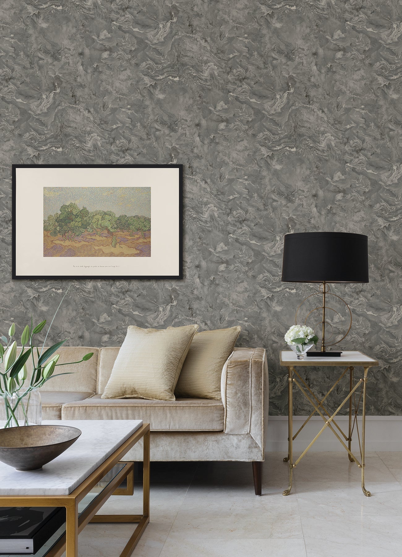 A-Street Prints Meness Grey Metallic Marbling Wallpaper, 21-in by 33-ft