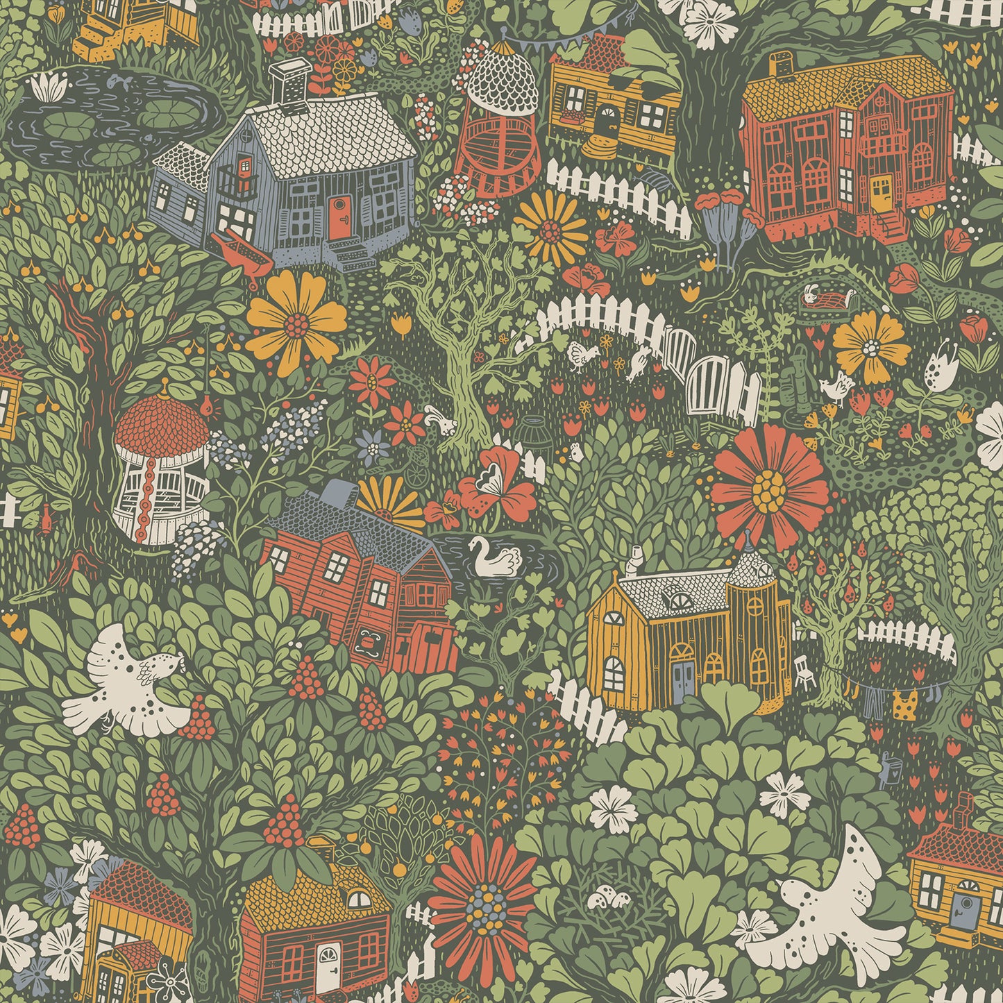 A-Street Prints Bygga Bo Green Woodland Village Wallpaper, 20.9-in by 33-ft