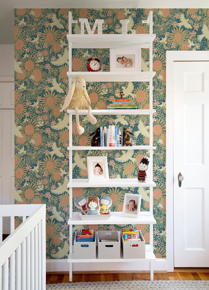 A-Street Prints Dr√∂mma Teal Songbirds and Sunflowers Wallpaper, 20.9-in by 33-ft