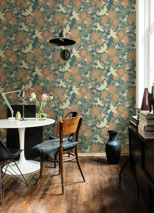 A-Street Prints Dr√∂mma Teal Songbirds and Sunflowers Wallpaper, 20.9-in by 33-ft