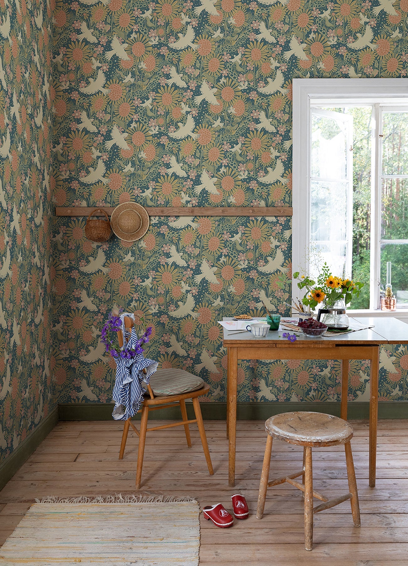 A-Street Prints Dr√∂mma Teal Songbirds and Sunflowers Wallpaper, 20.9-in by 33-ft