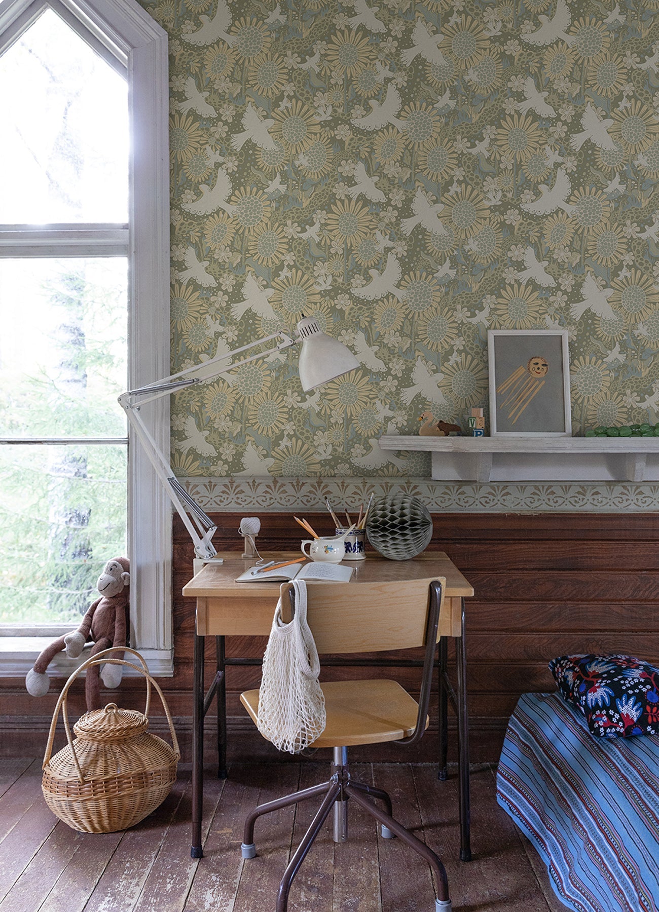 A-Street Prints Dr√∂mma Sage Songbirds and Sunflowers Wallpaper, 20.9-in by 33-ft