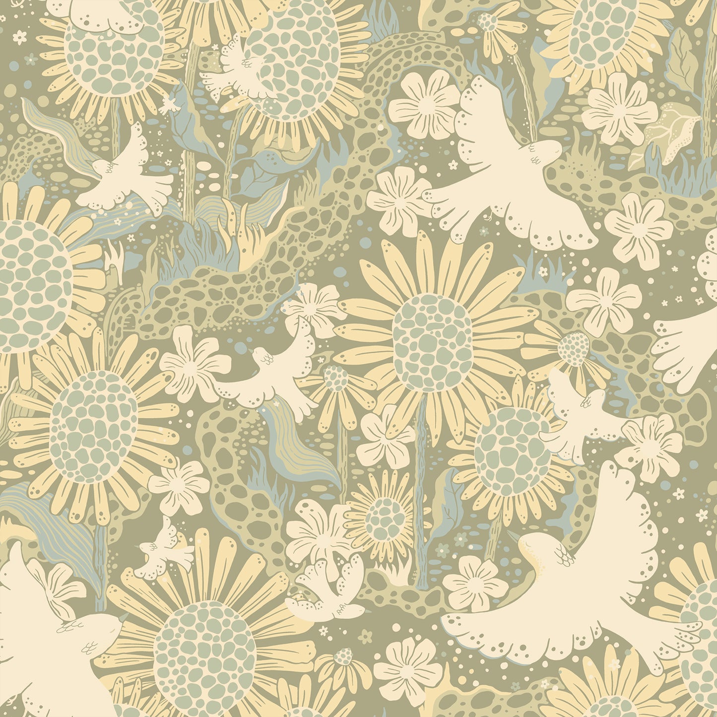 A-Street Prints Dr√∂mma Sage Songbirds and Sunflowers Wallpaper, 20.9-in by 33-ft