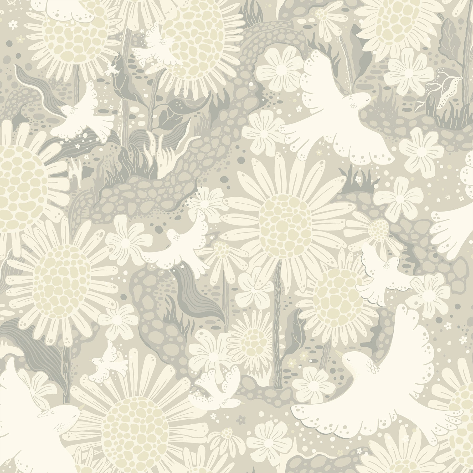 A-Street Prints Dr√∂mma Light Grey Songbirds and Sunflowers Wallpaper, 20.9-in by 33-ft