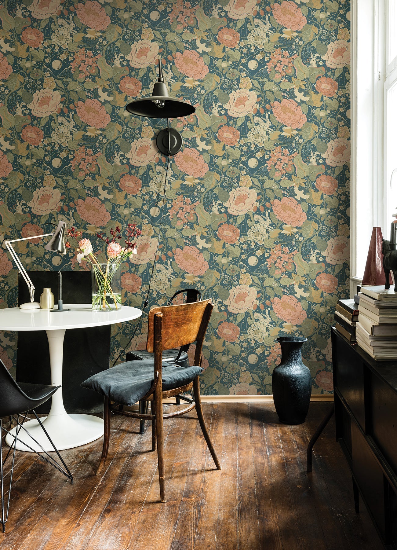 A-Street Prints V√§xa Teal Rabbits & Rosehips Wallpaper, 20.9-in by 33-ft