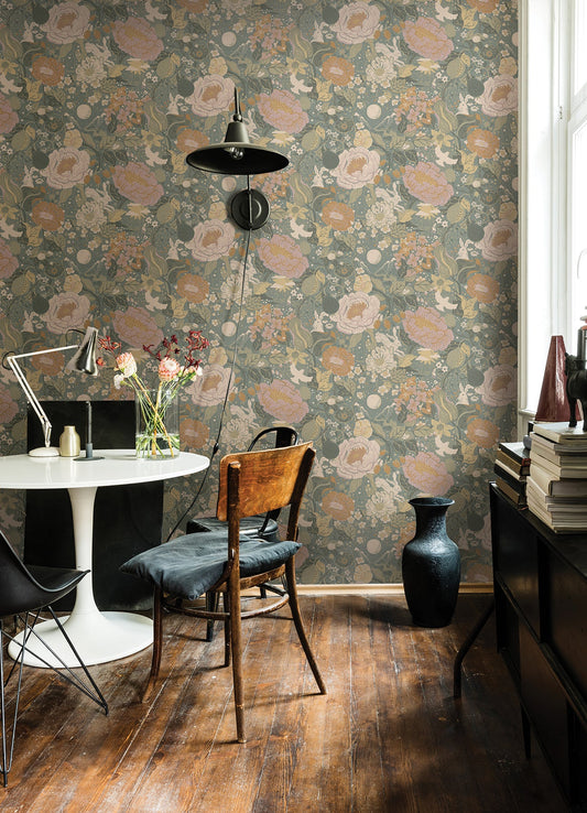 A-Street Prints V√§xa Slate Rabbits & Rosehips Wallpaper, 20.9-in by 33-ft