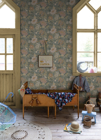 A-Street Prints V√§xa Slate Rabbits & Rosehips Wallpaper, 20.9-in by 33-ft