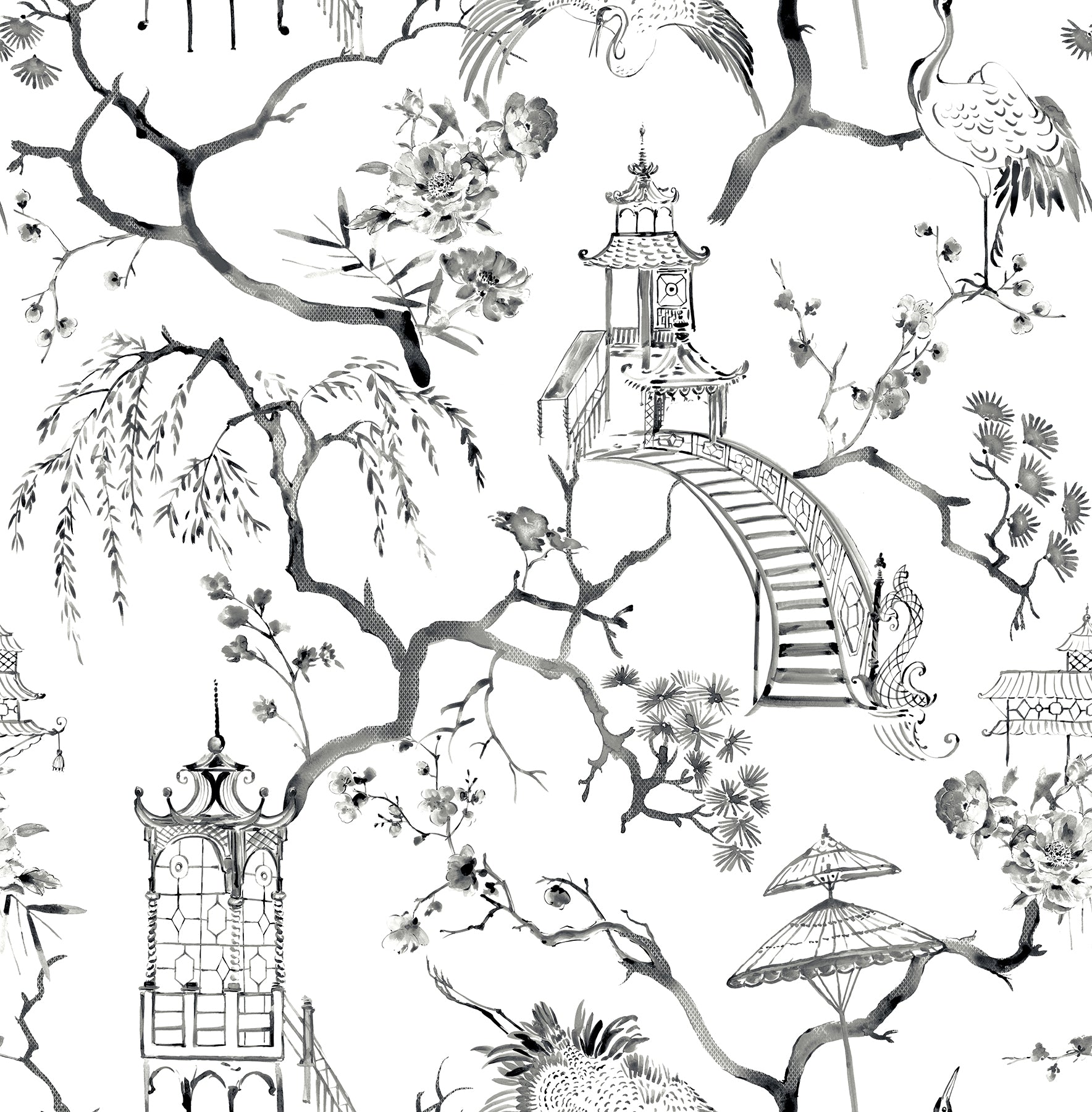 A-Street Prints Serena Charcoal Chinoiserie Wallpaper, 20.5-in by 33-ft