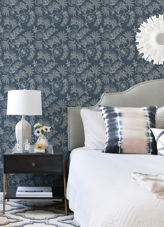 A-Street Prints Maeve Dark Blue Jacobean Trail Wallpaper, 20.5-in by 33-ft