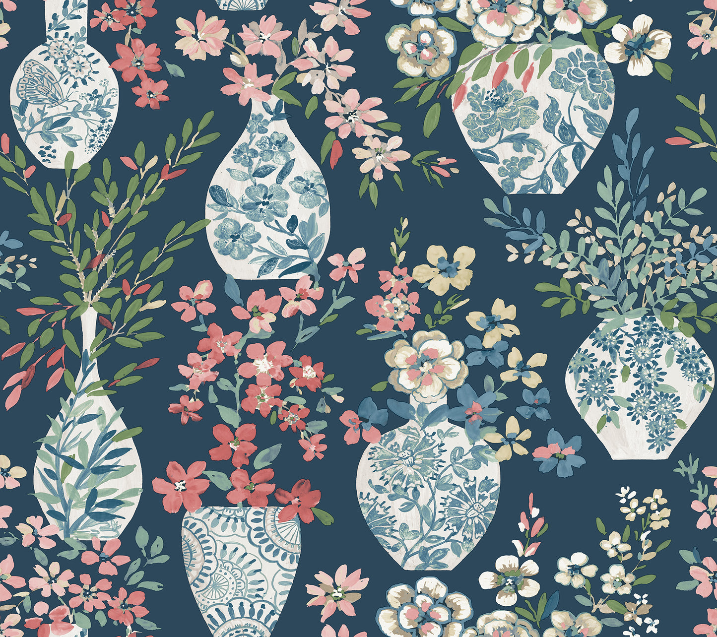 A-Street Prints Harper Teal Floral Vase Wallpaper, 27-in by 27-ft