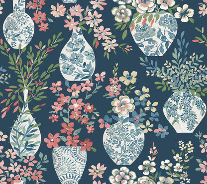 A-Street Prints Harper Teal Floral Vase Wallpaper, 27-in by 27-ft