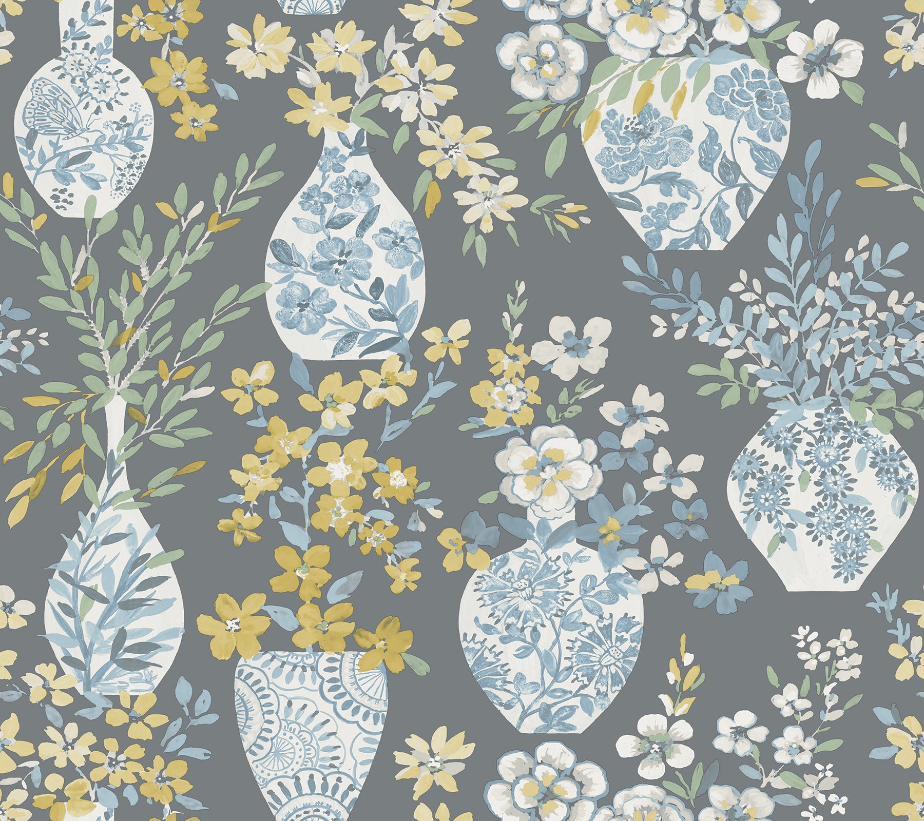 A-Street Prints Harper Grey Floral Vase Wallpaper, 27-in by 27-ft