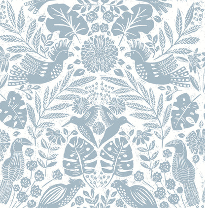 A-Street Prints Nestle Blue Bird Block Print Wallpaper, 20.5-in by 33-ft