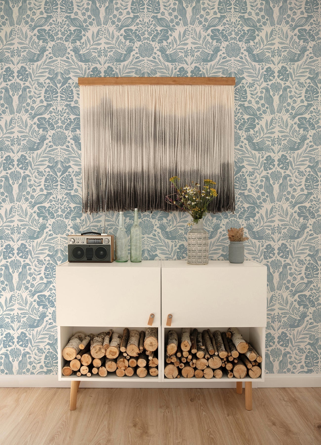 A-Street Prints Nestle Blue Bird Block Print Wallpaper, 20.5-in by 33-ft