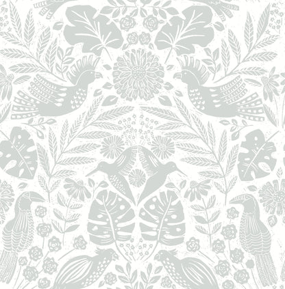 A-Street Prints Nestle Light Grey Bird Block Print Wallpaper, 20.5-in by 33-ft