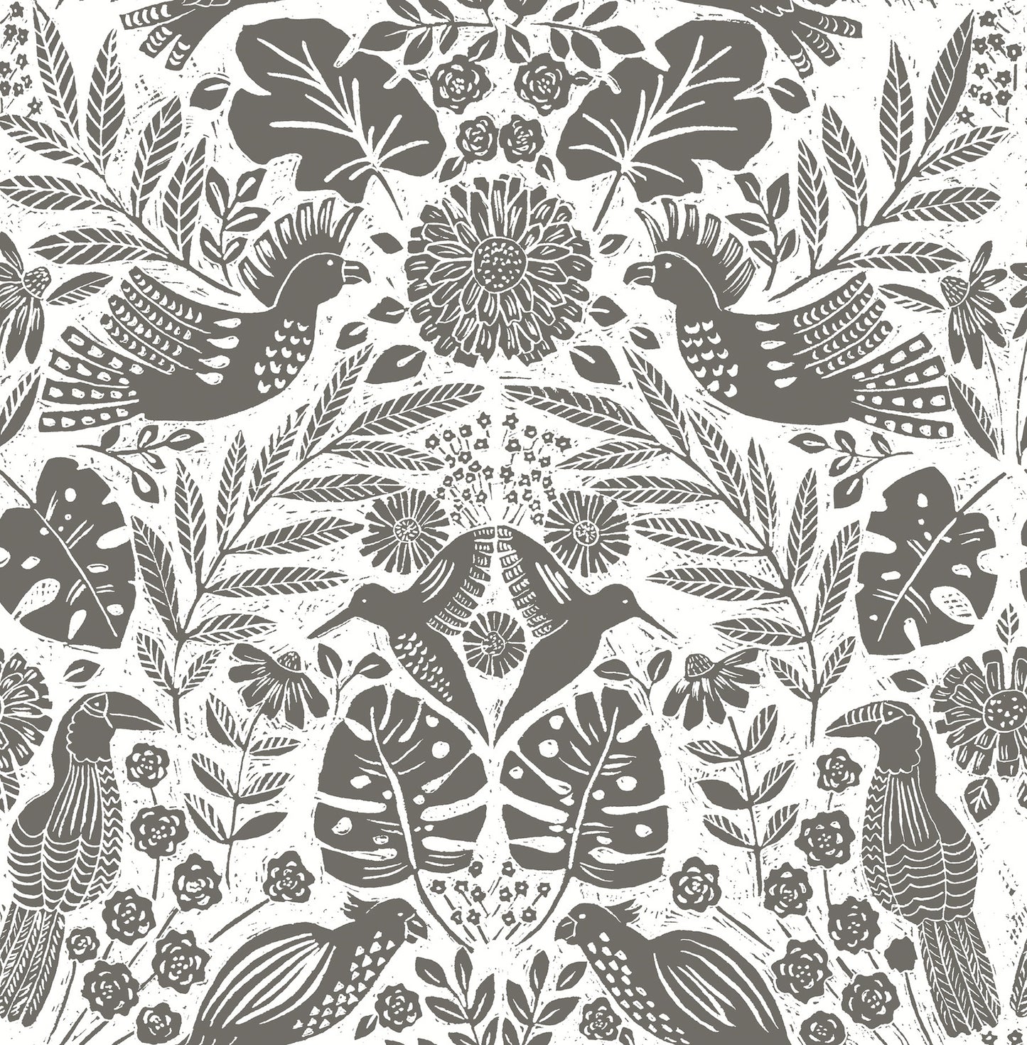 A-Street Prints Nestle Charcoal Bird Block Print Wallpaper, 20.5-in by 33-ft