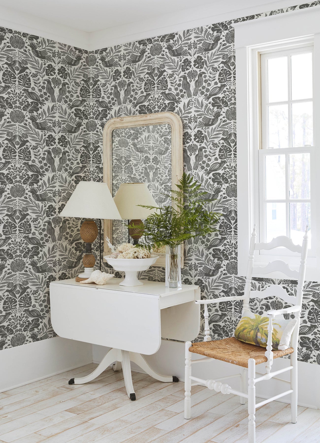 A-Street Prints Nestle Charcoal Bird Block Print Wallpaper, 20.5-in by 33-ft