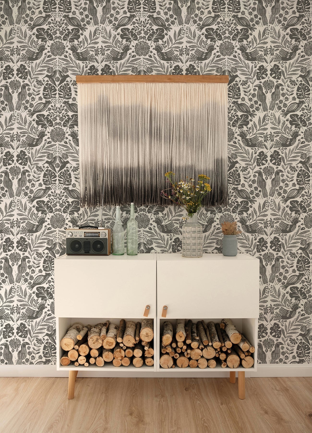 A-Street Prints Nestle Charcoal Bird Block Print Wallpaper, 20.5-in by 33-ft