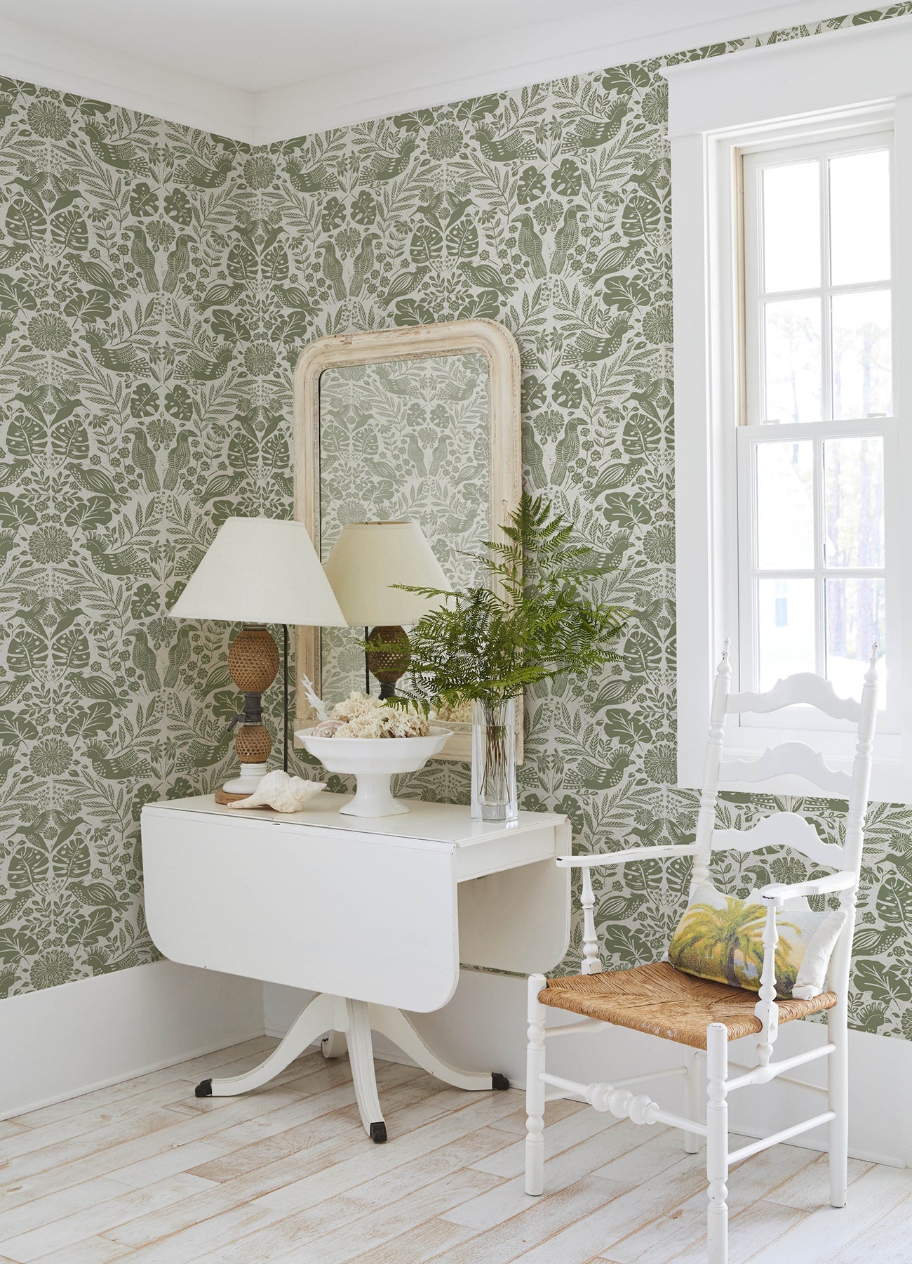 A-Street Prints Nestle Green Bird Block Print Wallpaper, 20.5-in by 33-ft