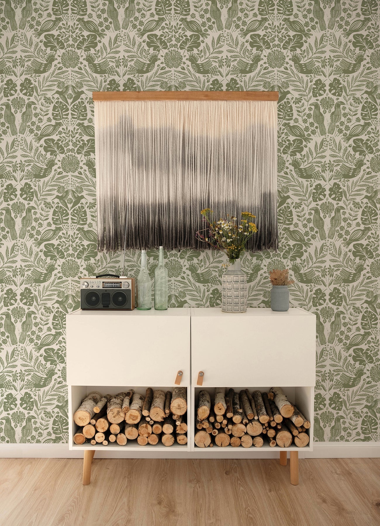 A-Street Prints Nestle Green Bird Block Print Wallpaper, 20.5-in by 33-ft