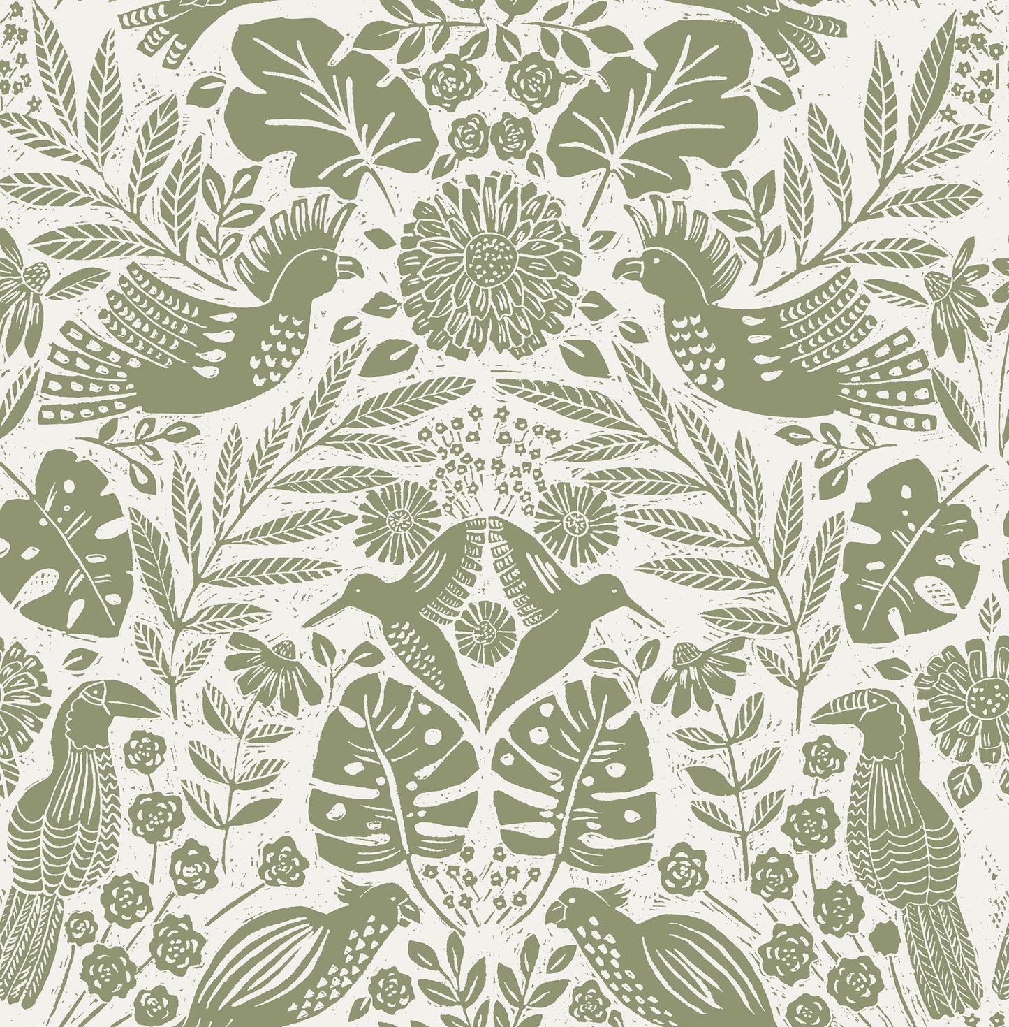 A-Street Prints Nestle Green Bird Block Print Wallpaper, 20.5-in by 33-ft