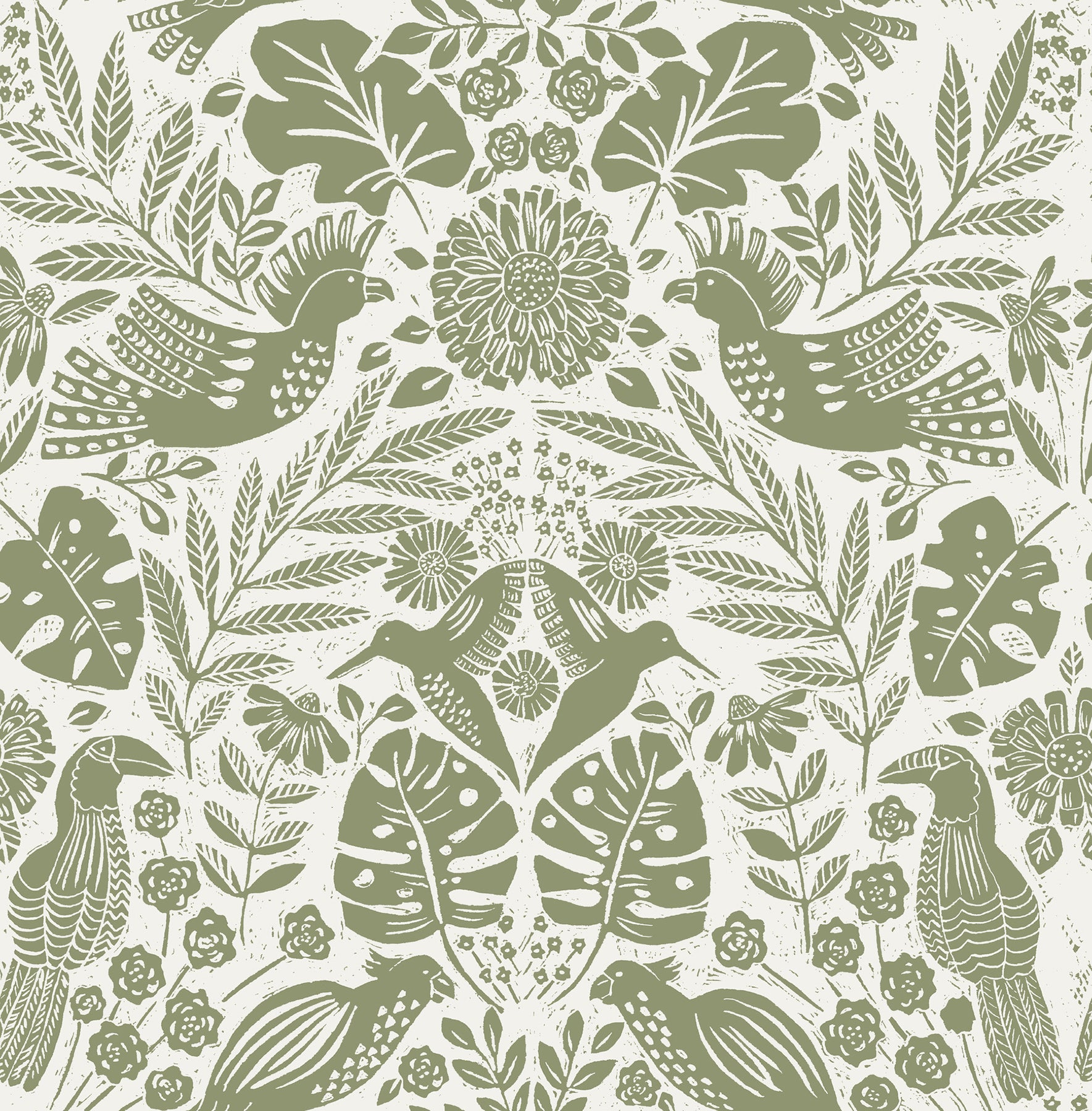 A-Street Prints Nestle Green Bird Block Print Wallpaper, 20.5-in by 33-ft