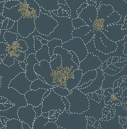 A-Street Prints Gardena Indigo Embroidered Floral Wallpaper, 20.5-in by 33-ft