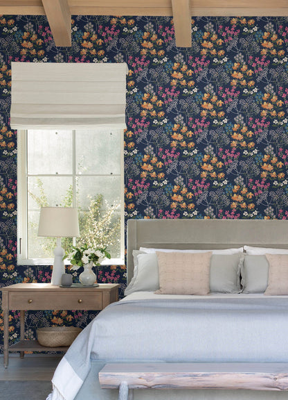 A-Street Prints Cultivate Navy Springtime Blooms Wallpaper, 20.5-in by 33-ft