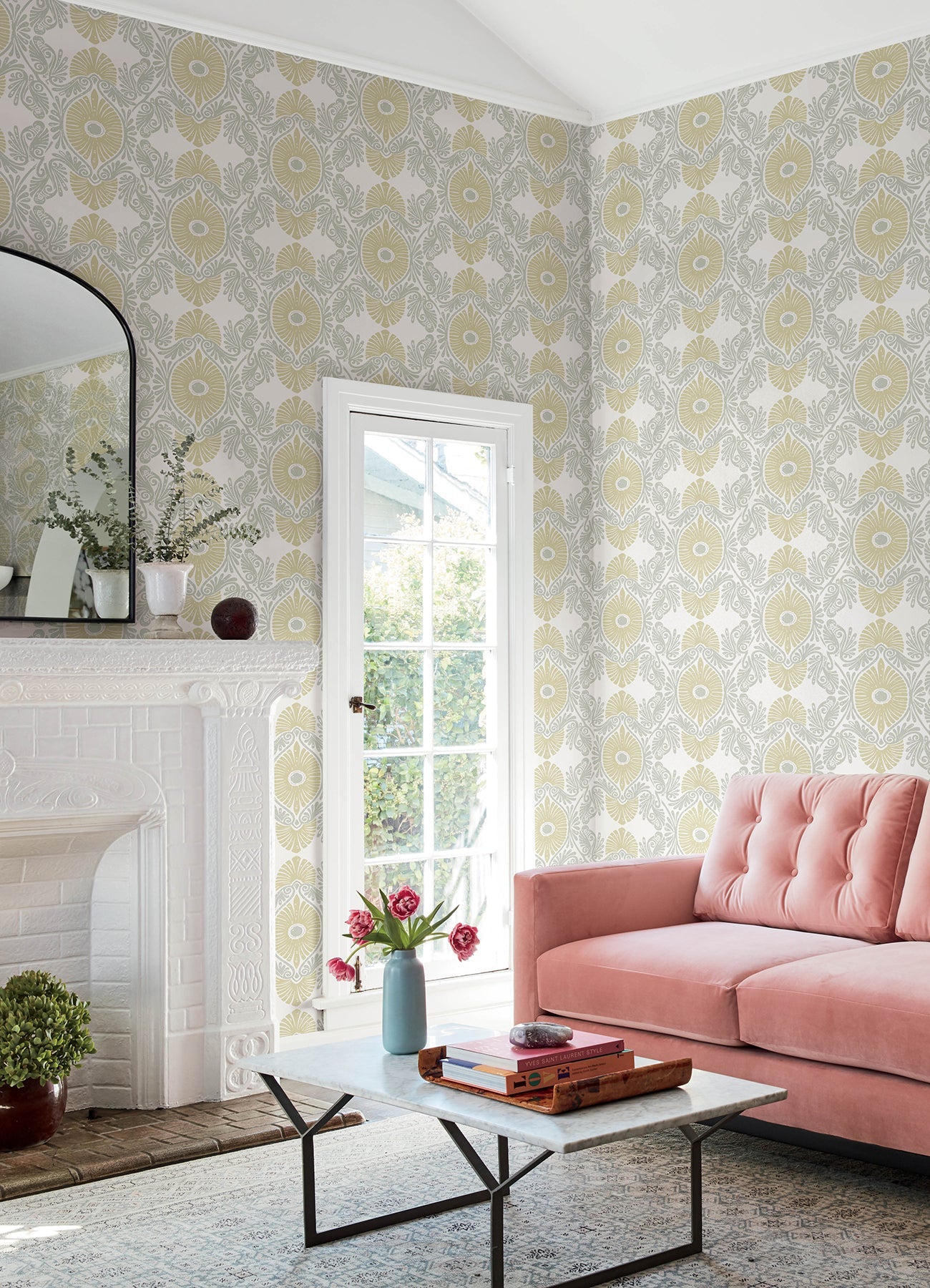 A-Street Prints Villa Light Yellow Embellished Ogee Wallpaper, 27-in by 27-ft