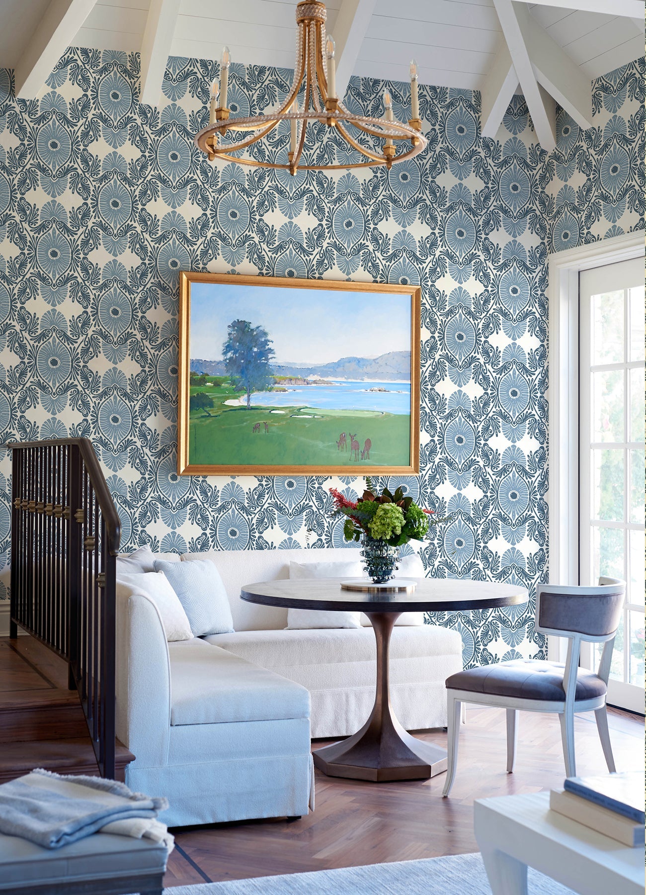 A-Street Prints Villa Blue Embellished Ogee Wallpaper, 27-in by 27-ft