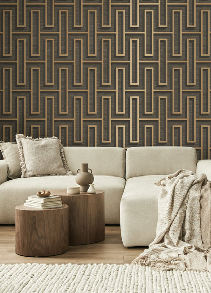 Advantage Henley Black Geometric Grasscloth Wallpaper, 20.5-in by 33-ft