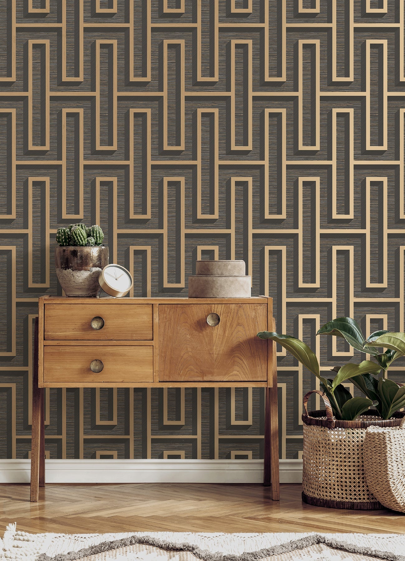 Advantage Henley Black Geometric Grasscloth Wallpaper, 20.5-in by 33-ft