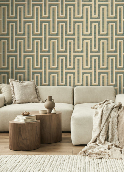 Advantage Henley Teal Geometric Grasscloth Wallpaper, 20.5-in by 33-ft