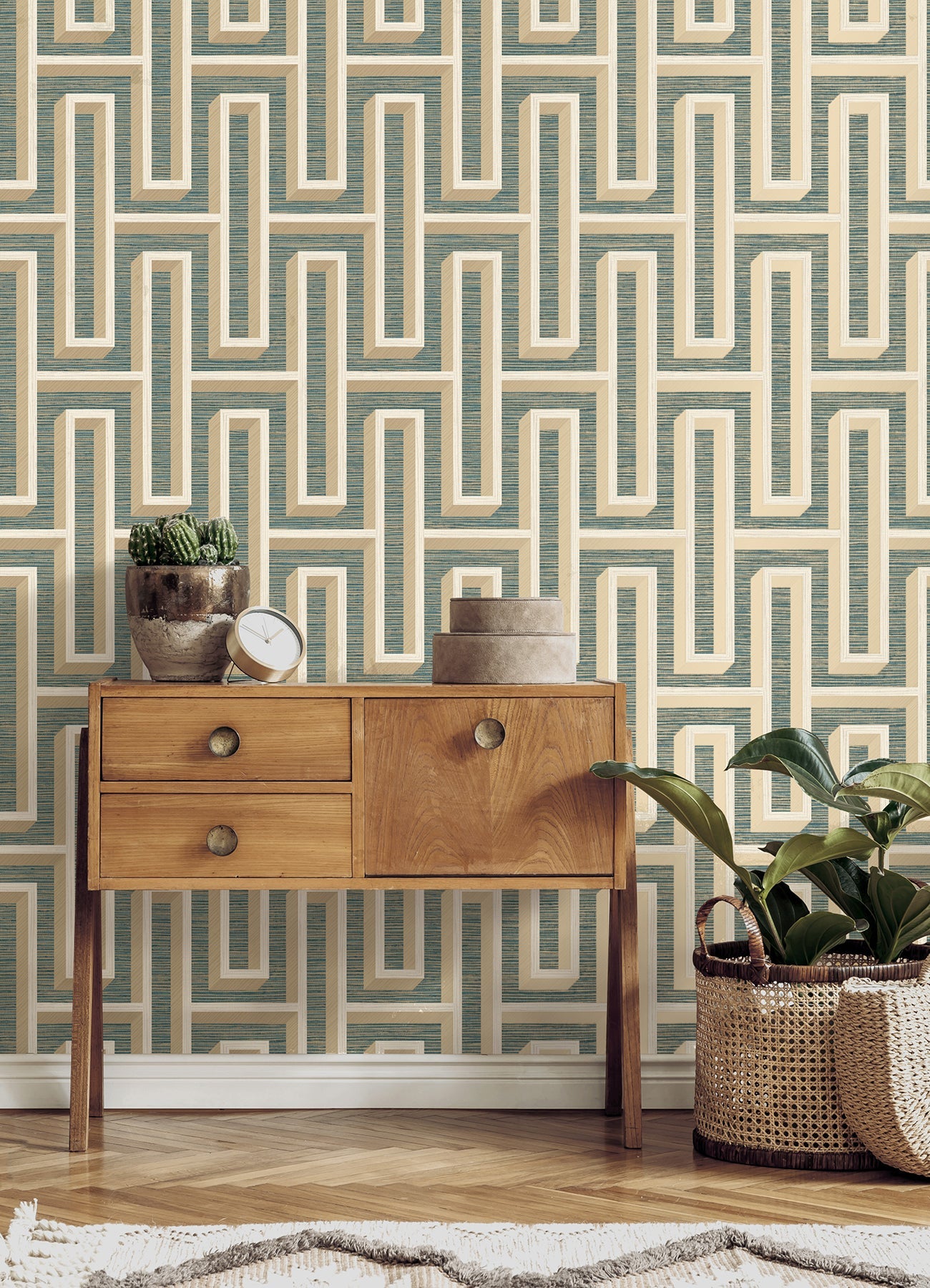 Advantage Henley Teal Geometric Grasscloth Wallpaper, 20.5-in by 33-ft