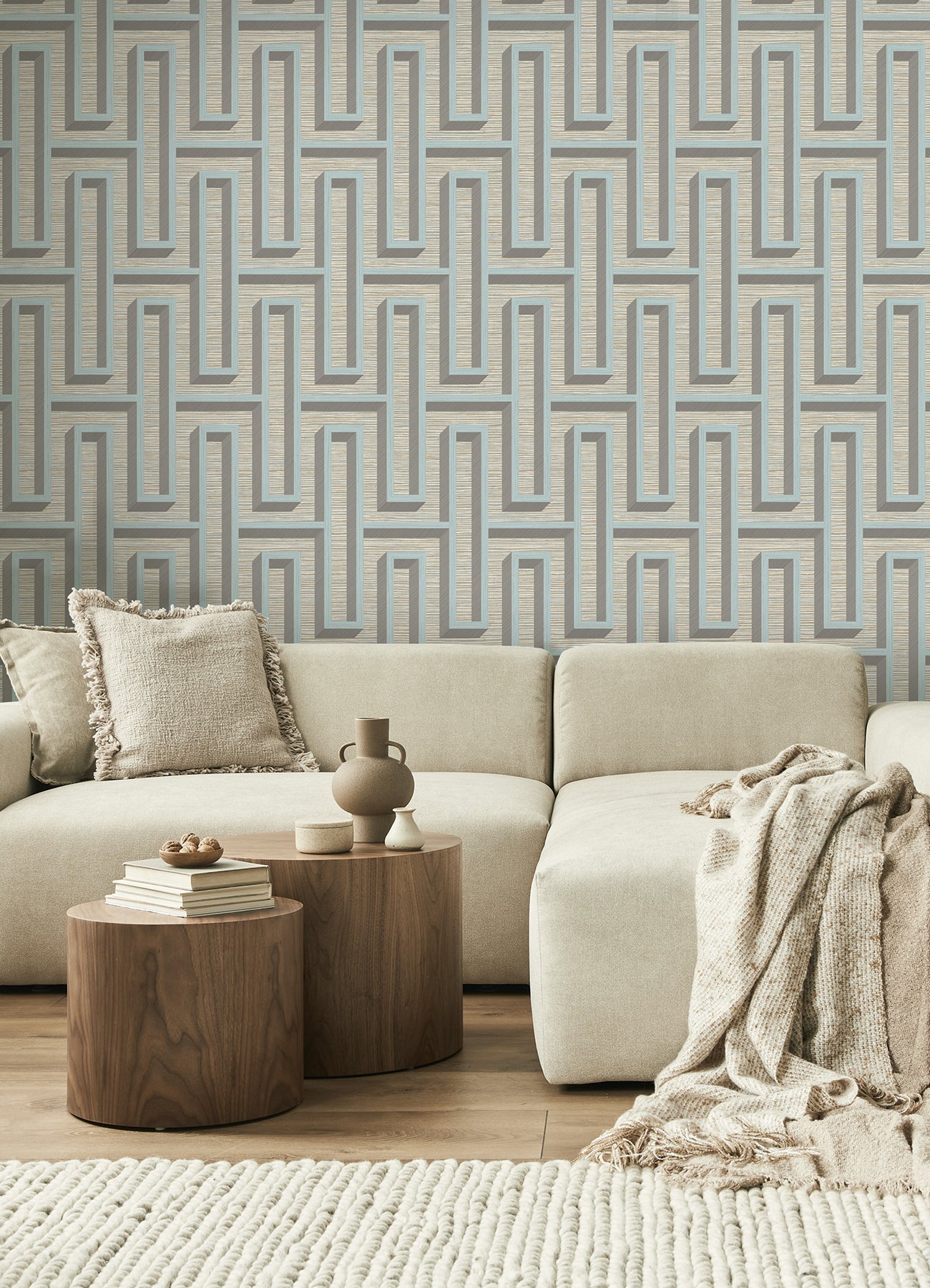 Advantage Henley Light Blue Geometric Grasscloth Wallpaper, 20.5-in by 33-ft