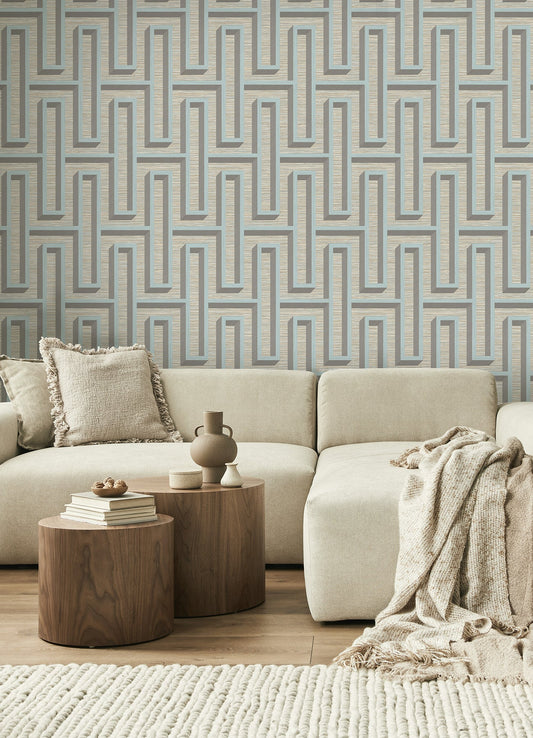 Advantage Henley Light Blue Geometric Grasscloth Wallpaper, 20.5-in by 33-ft