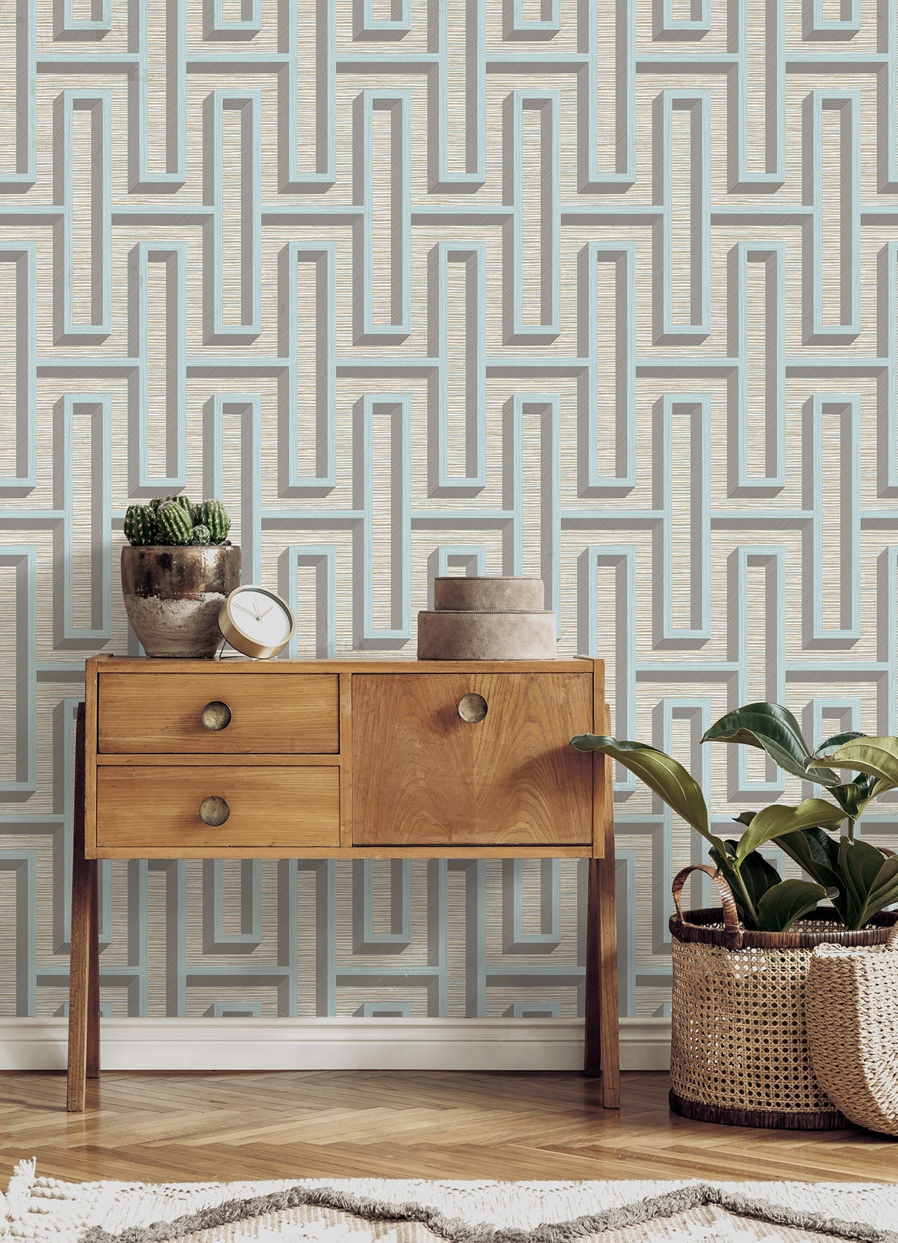 Advantage Henley Light Blue Geometric Grasscloth Wallpaper, 20.5-in by 33-ft