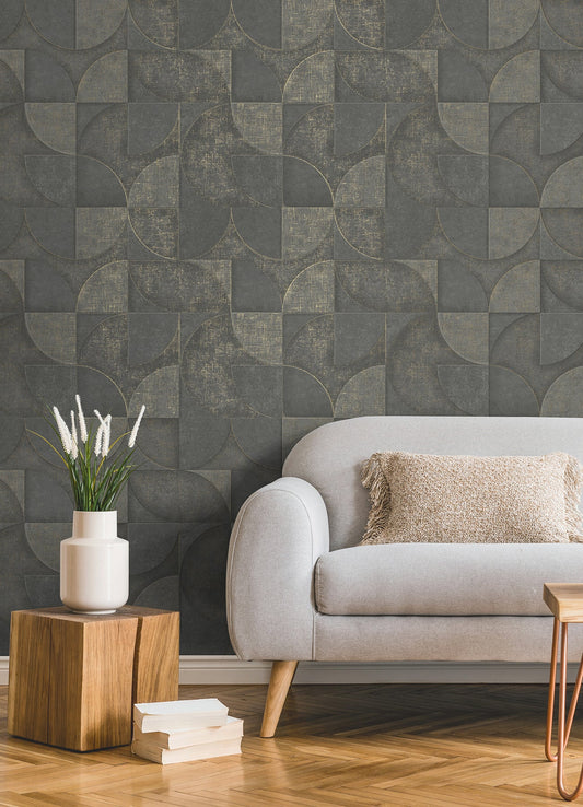 Advantage Addison Charcoal Retro Geo Wallpaper, 20.5-in by 33-ft