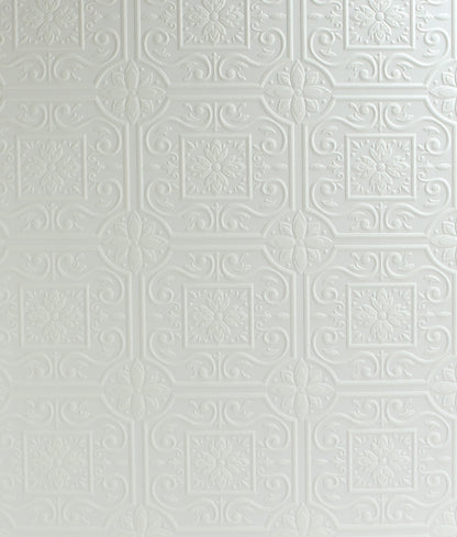 Chesapeake Ibold White Tin Ceiling Scroll Paintable Wallpaper, 20.5-in by 33-ft