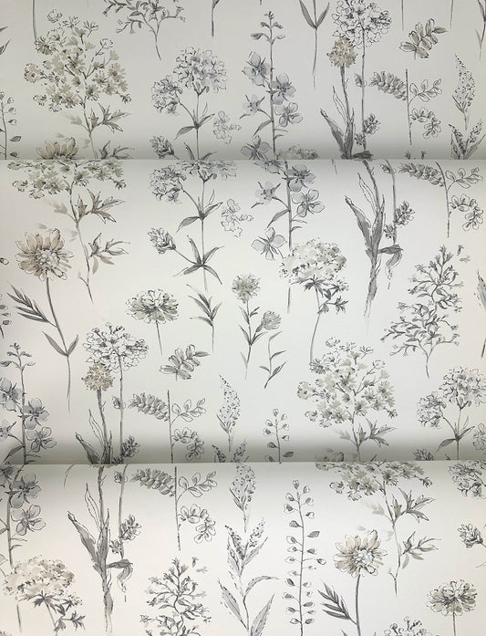 Chesapeake Bergamot Light Grey Wildflower Wallpaper, 27-in by 27-ft