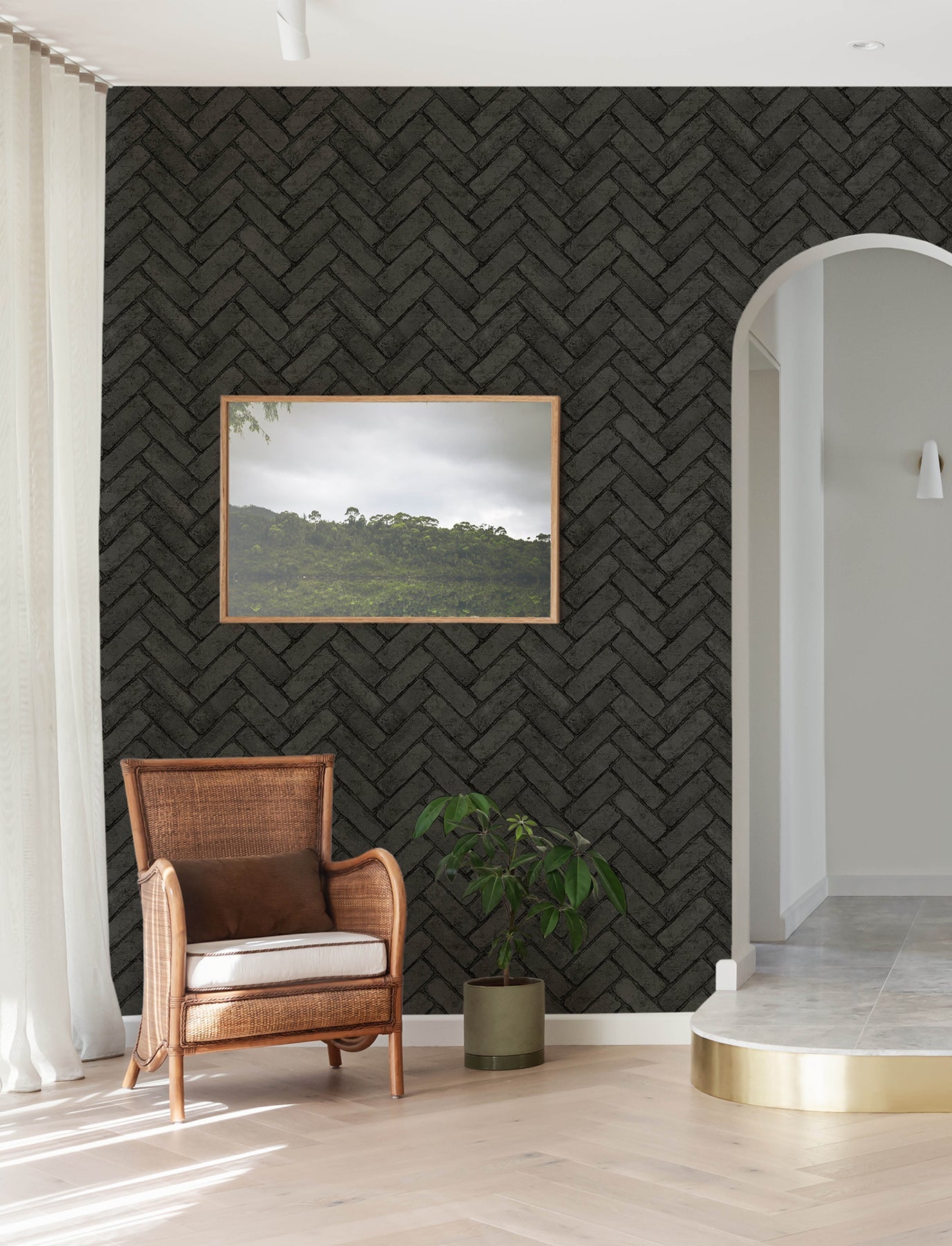 Chesapeake Canelle Black Brick Herringbone Wallpaper, 20.5-in by 33-ft