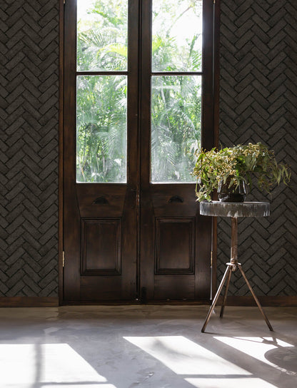 Chesapeake Canelle Black Brick Herringbone Wallpaper, 20.5-in by 33-ft