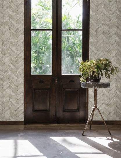 Chesapeake Canelle Taupe Brick Herringbone Wallpaper, 20.5-in by 33-ft