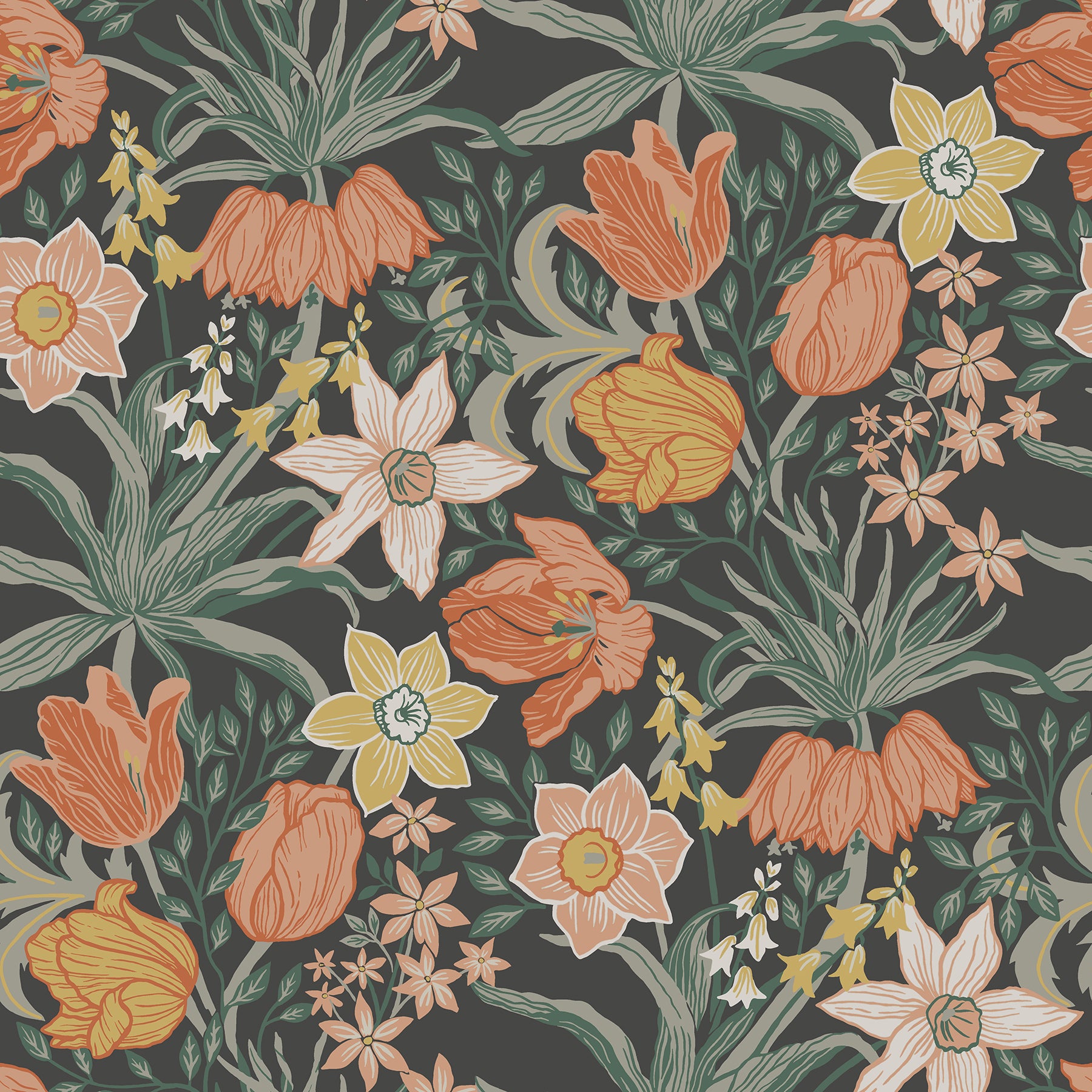 A-Street Prints Cecilia Black Tulip and Daffodil Wallpaper, 20.9-in by 33-ft