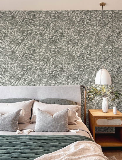 A-Street Prints Rhythmic Charcoal Leaf Wallpaper, 20.5-in by 33-ft