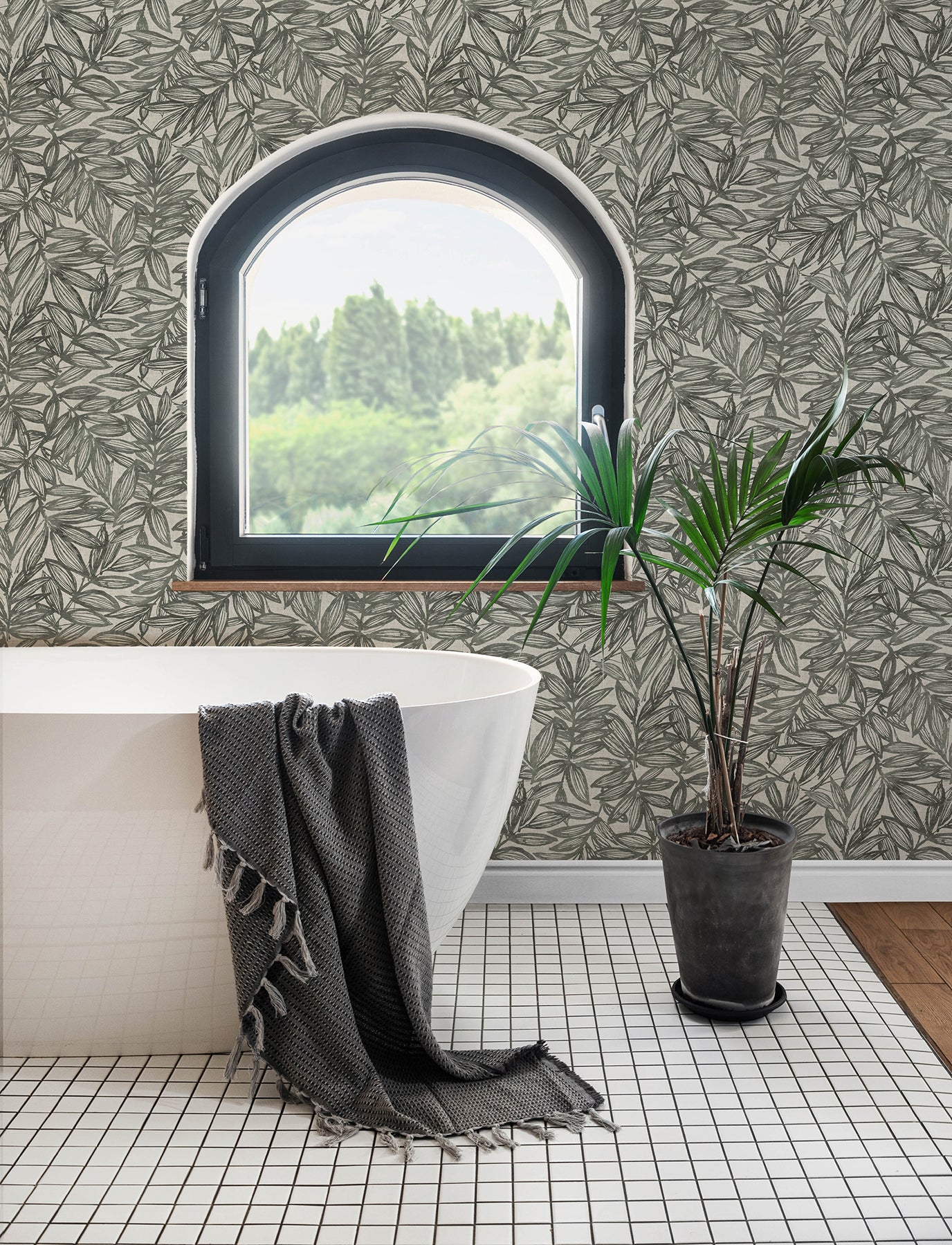 A-Street Prints Rhythmic Charcoal Leaf Wallpaper, 20.5-in by 33-ft