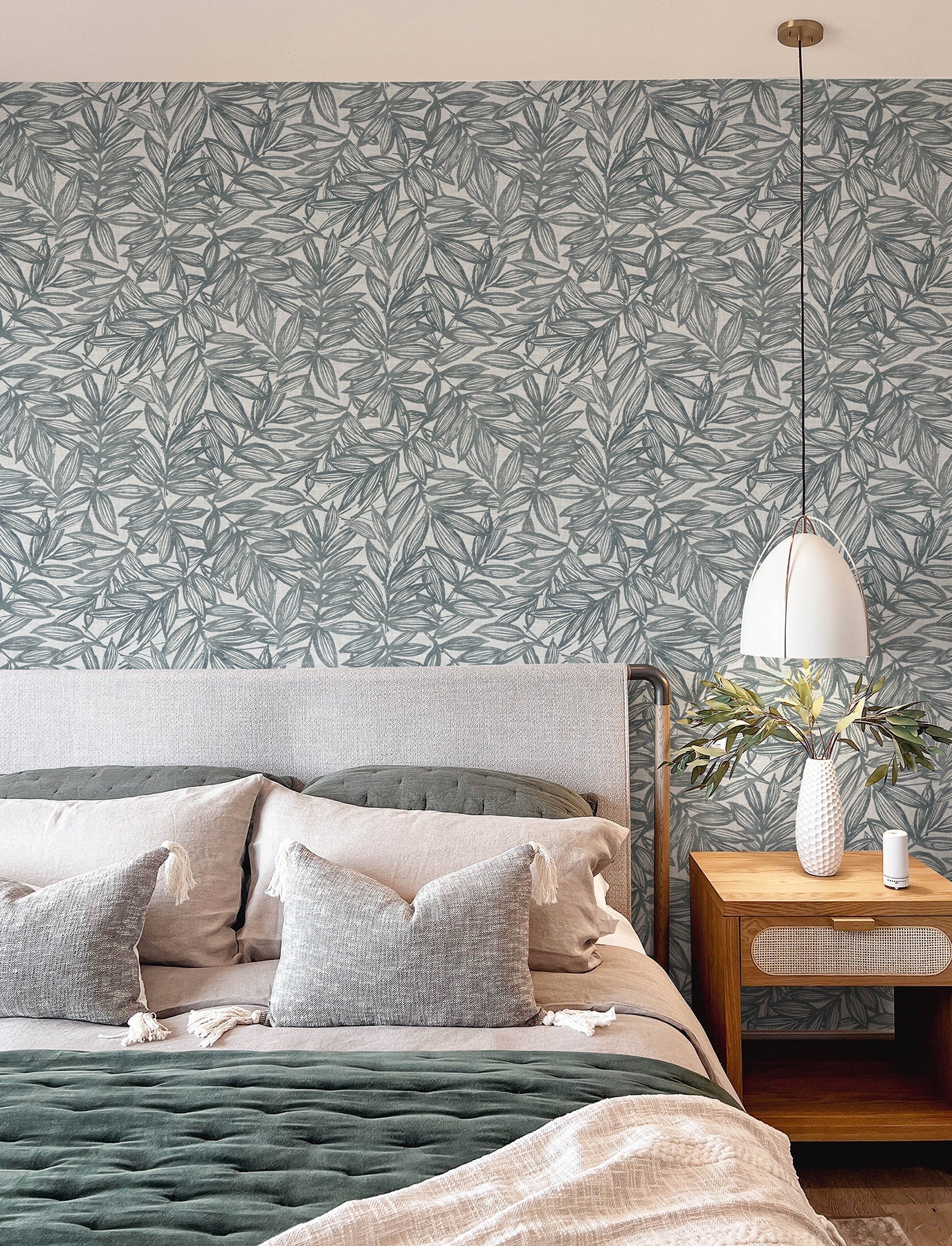 A-Street Prints Rhythmic Denim Leaf Wallpaper, 20.5-in by 33-ft