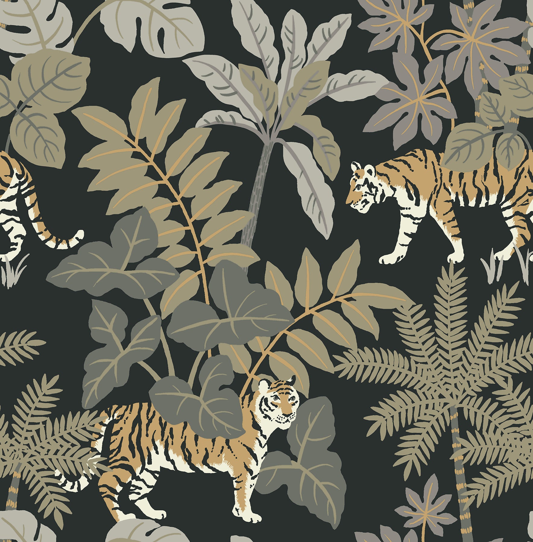 A-Street Prints Caspian Charcoal Jungle Prowl Wallpaper, 20.5-in by 33-ft