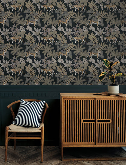 A-Street Prints Caspian Charcoal Jungle Prowl Wallpaper, 20.5-in by 33-ft