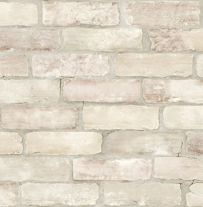 A-Street Prints Limewashed Bone Weathered Brick Wallpaper, 20.5-in by 33-ft